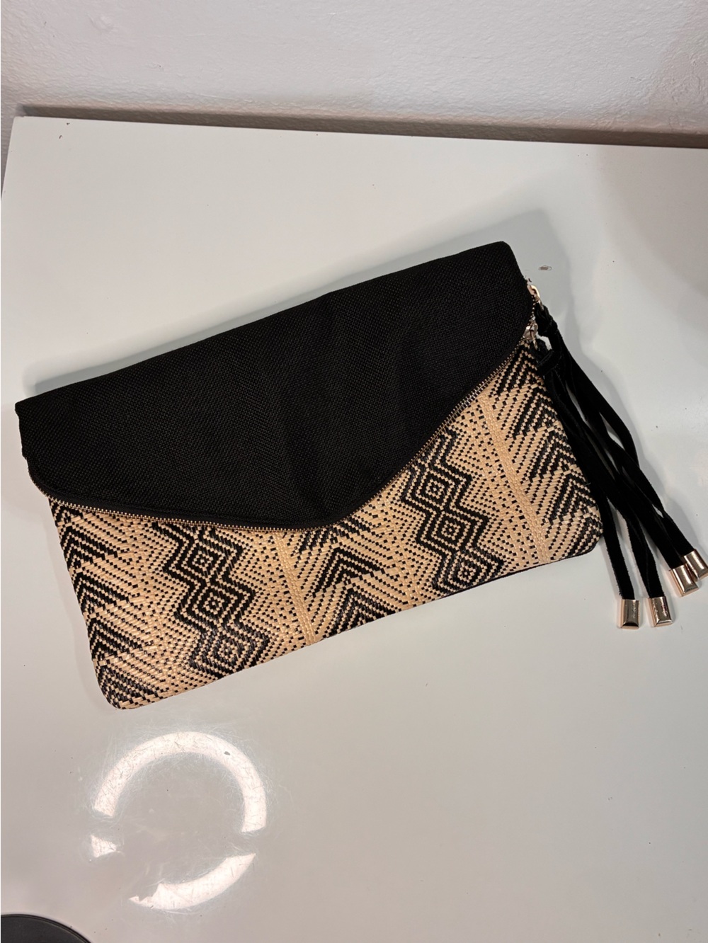 Express Black Linen and Beige Woven Straw Pattern REVERSIBLE Clutch w/ Tassels